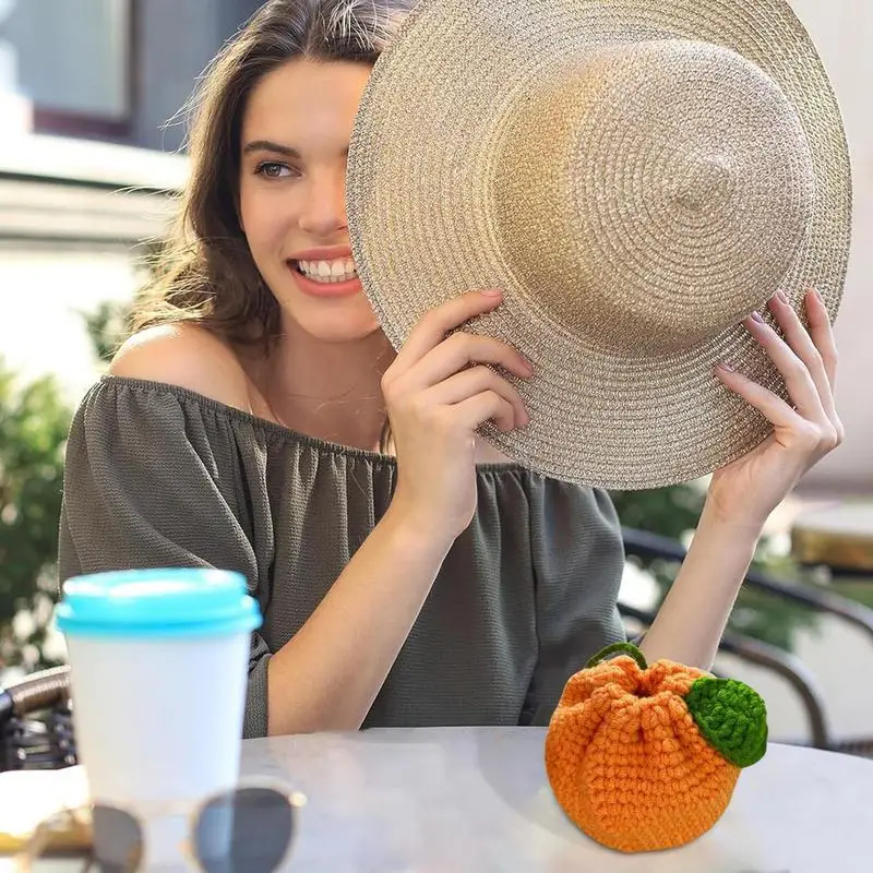 Cute Tangerine Bag Drawstring Crochet Fruit Packets Orange-Shaped Crochet Purse Cute Wallet Crochet Tangerine Bag Fruit Pouch