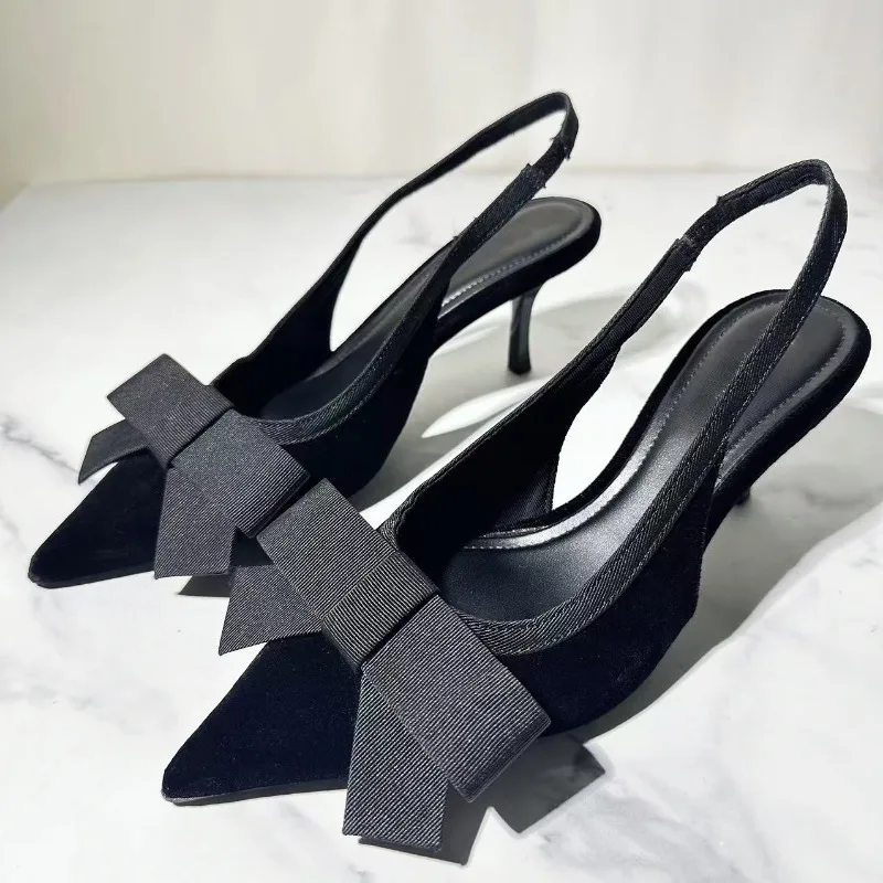 

Ladies Thin Heel Pointed Toe Slingback Pumps in Black with Elegant Closed Bow for Formal Work Party High Heeled Women Shoes