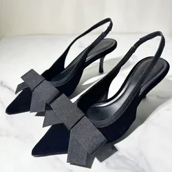 Ladies Thin Heel Pointed Toe Slingback Pumps in Black with Elegant Closed Bow for Formal Work Party High Heeled Women Shoes
