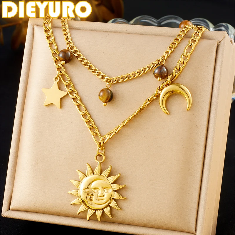 DIEYURO 316L Stainless Steel Golden Moon Star Sun Pendant Double-layer Necklace For Womens New Fashion Neck Chain Jewelry Gift