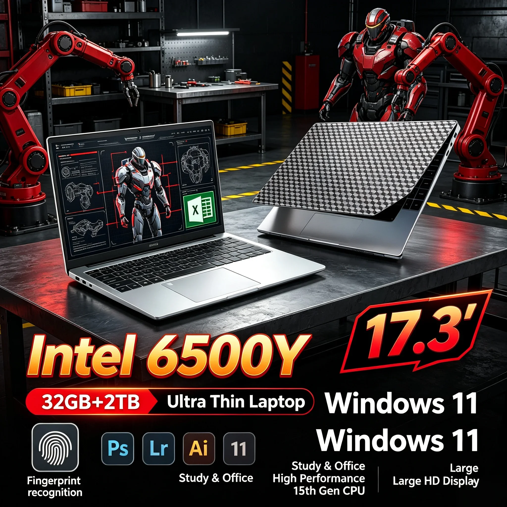 New 17.3'' HD Laptop PC Intel 6500Y 32GB RAM 1TB or 2TB SSD Win11 WiFi6 BT5.2 Portable Large Display Notebook For Home Learning