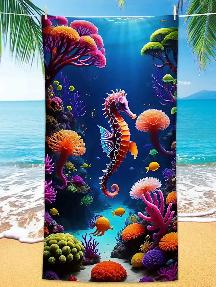 Vibrant Underwater Seahorse Beach Towel Patterned Sunscreen And Windproof Suitable For Swimming Pool Camping Travel Blanket