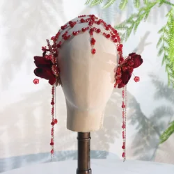Bride's New Fringed Headband Women's Beaded Flower Headdress Simple Temperament Red Accessories
