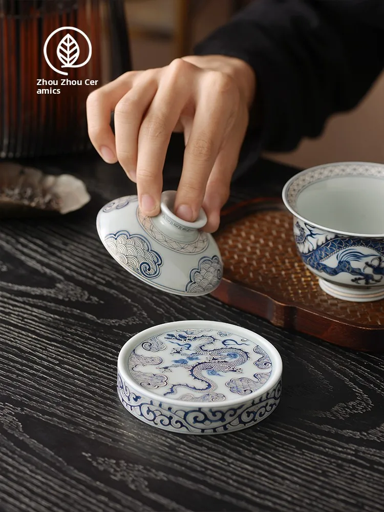 

Подставка для чайной церемонии ручной работы из серебра с сине-белым узором в виде облаков и дракона, маленькая, для крышки чайника из фиолетовой глины