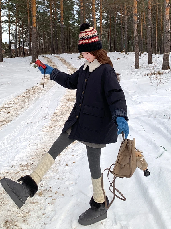

Женская утепленная парка из гусиного пуха с воротником из овечьей шерсти, повседневная теплая зимняя верхняя одежда с длинными рукавами и застежкой на одну пуговицу
