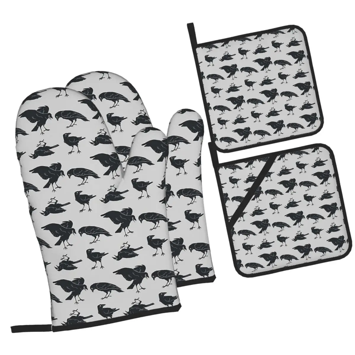Murder Of Crows Oven Mitts and Pot Holder Sets of 4 for Baking Kitchen Cooking Grilling Resistant Non-Slip Gloves