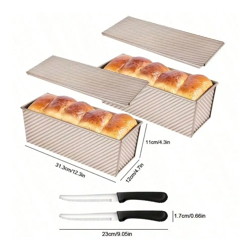 2pcs Extra Large Pullman Loaf Pan With Lid 12.3x4.7x4.3 Inches, Bread Knife Included, Vent Holes For Baking, Black Lid Bread