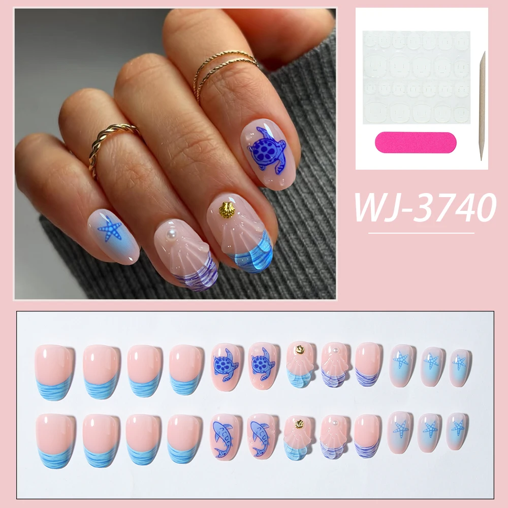 24pcs Short Oval 3D Gel Nail Stickers, Create Ocean Theme Nails, Designs Include Sea Turtle, Whale, Shell & Pearl Decor, French