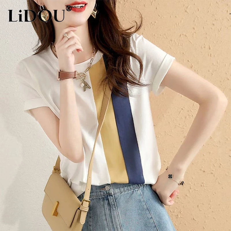 

Summer New Round Neck Patchwork Cotton T-shirt Female Short Sleeve Loose Causal Pullover Top Women Comfortable All-match Tees