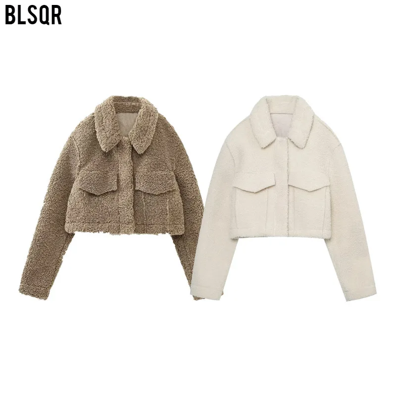 2024 moda feminina quente pele do falso recortado gola flip jaqueta curta casaco vintage manga longa bolso feminino outerwear chiques topos