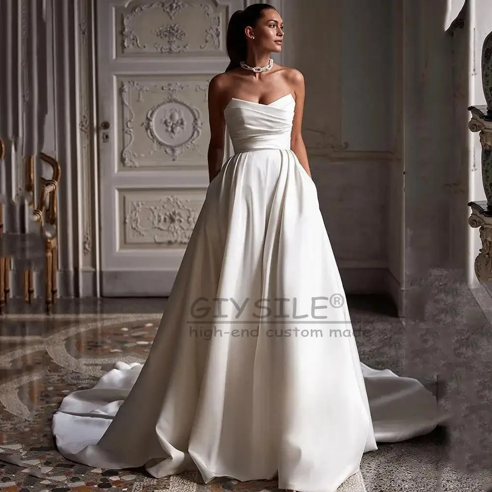 GIYSILE Customized French Satin Strapless Wedding Dresses Simple A-line Trailing Princess Travel Photo Bride Main Wedding Dress