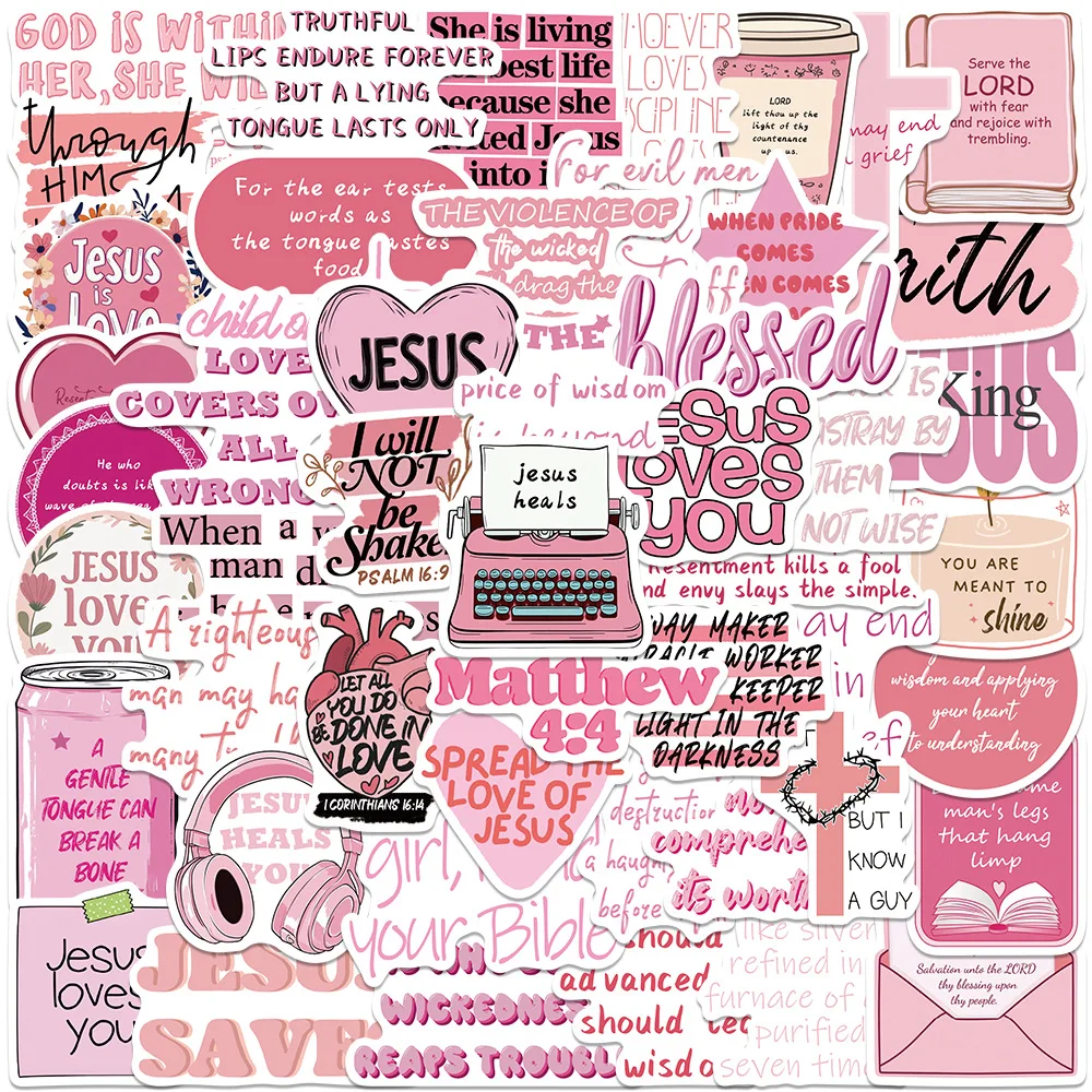 50pcs Creative Pink Bible Jesus Christian Stickers Waterproof Graffiti DIY Notebook Water Bottle Phone Decals Decoration