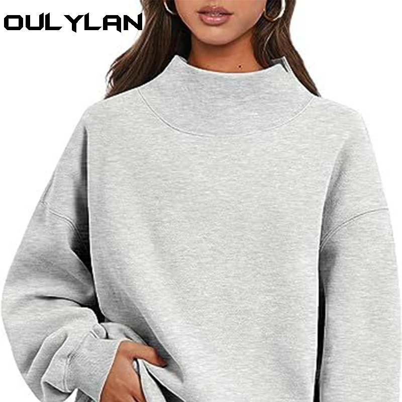 

2024 women's explosive neckline slit loose hoodie casual half high neck plus fleece hoodie solid color American women's hoodie