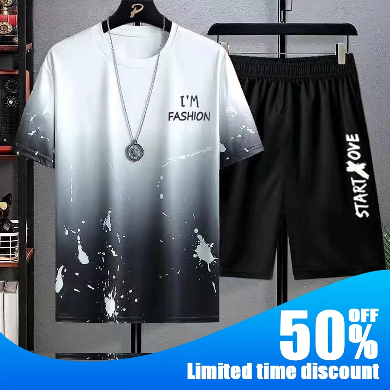 Traje deportivo para hombre, camiseta + Pantalones cortos, ropa de entrenamiento, conjunto de 2 piezas, ropa deportiva de manga corta con estampado