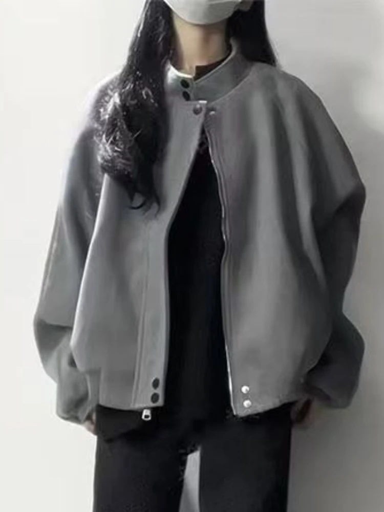 

Серая куртка с воротником-стойкой в американском стиле ретро для женщин, осенняя универсальная куртка, зимний кардиган на молнии, топы, мода 2025, Harajuku