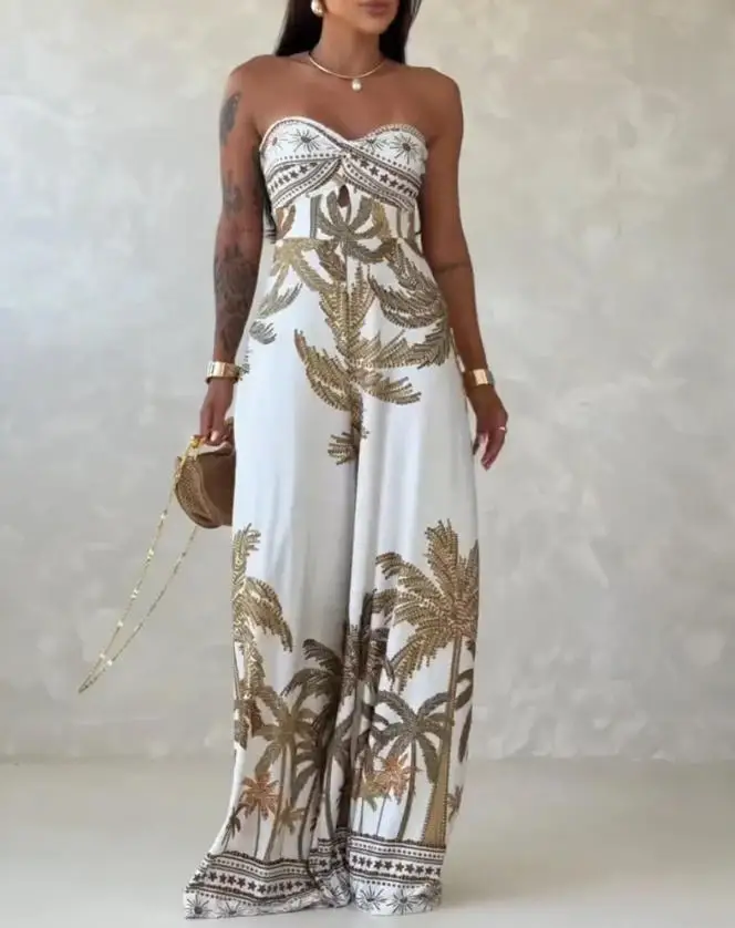 

Jumpsuit Women 2026 Spring Summer New Fashion Printed Backless Lace Up Hollowed Out Front Casual Wide Leg Jumpsuit
