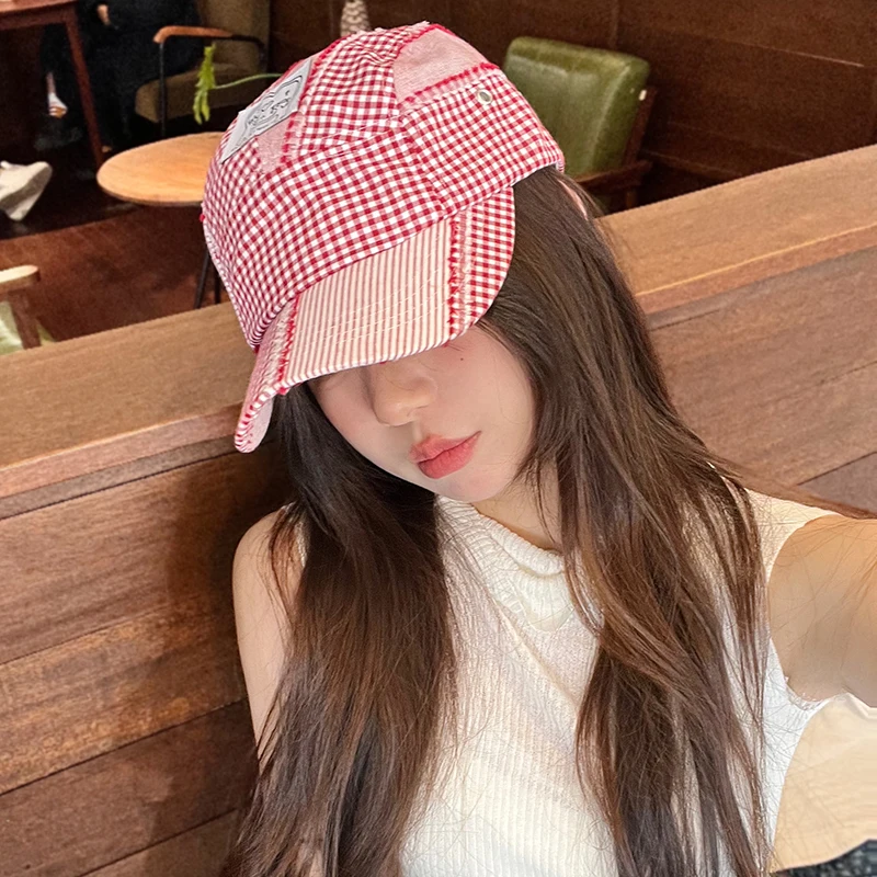 Japanese Designer Splicing Plaid 5-panel Baseball Caps Women Spring Summer Travel Versatile Sunscreen Street Trend Hip-hop Hat