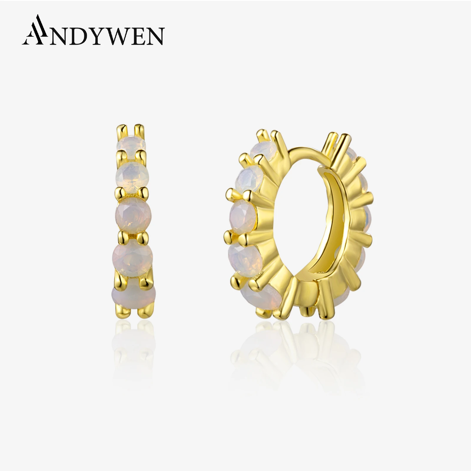 

ANDYWEN 100% 925 Sterling Silver Gold Opals Huggies Hoops Clips Luxury Women Wedding Party Crystal Fine Jewelry Round Jewels