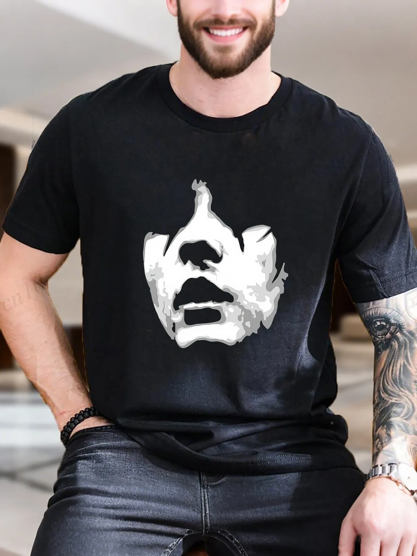 

New Arrival Fashion Men's Black and White Face Print Cotton T-Shirt Breathable Soft Tee for Casual Wear Trendy Graphic Street Style C