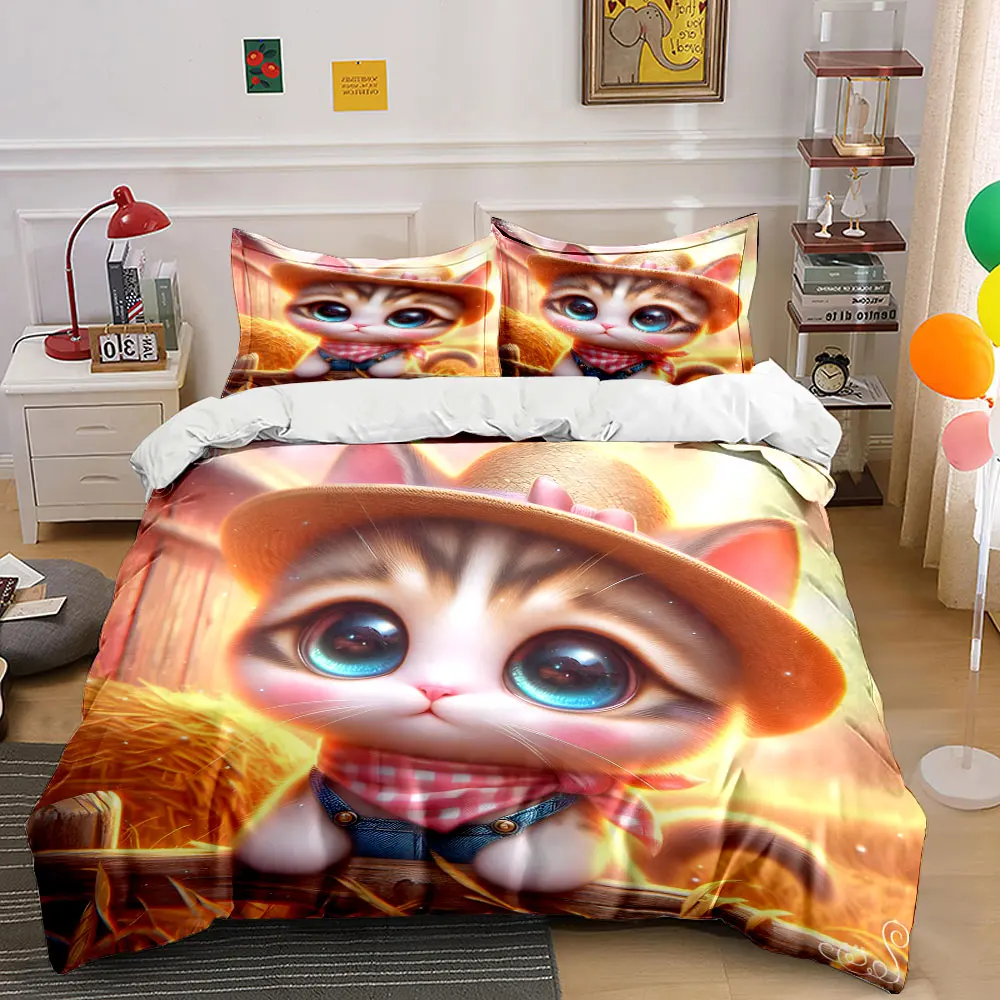 3pcs Cute cat in sunset countryside Print Soft Comfortable Duvet Cover Bedding Set Included 1*Duvet Cover 2*Pillowcases