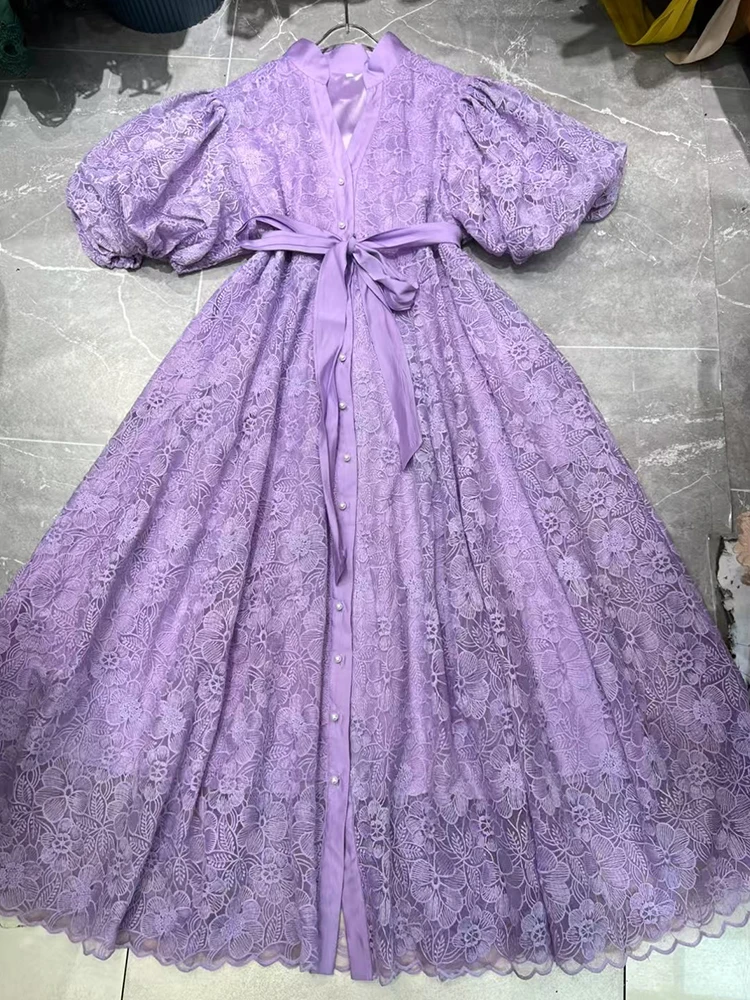 レトロ刺繍カットアウトレースアップウエストシェイプ半袖ワンピース 2025 夏 レディース シャツワンピース ゆったり パフスリーブワンピース