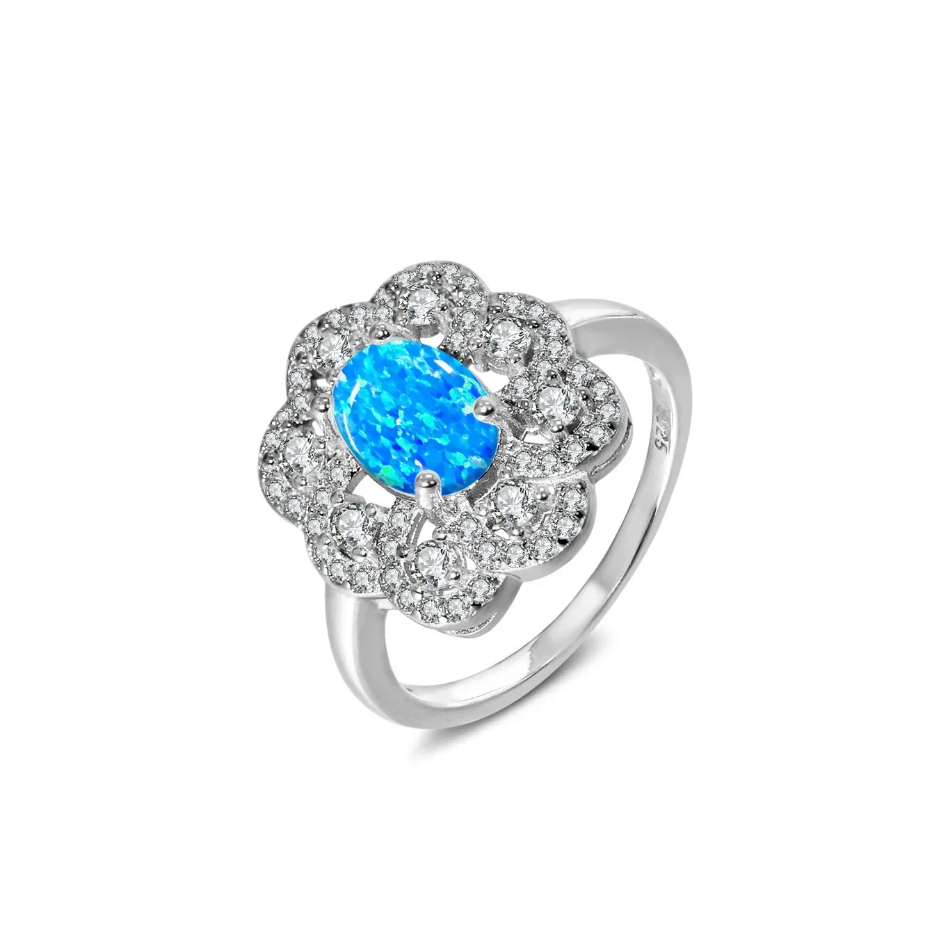 

2025New Hot Selling 100% 925 Sterling Silver Ring Sparkling blue Opal and Unique design Romantic Sweet Wedding Engagement Ring