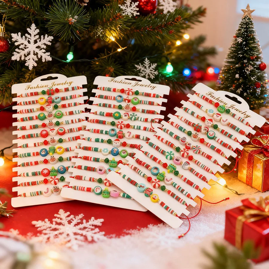 Creative 12Pcs/dozen Christmas Soft Rubber Bracelet Unisex Adjustable Colorful Beads Braslet Festival Friendship Party Jewelry