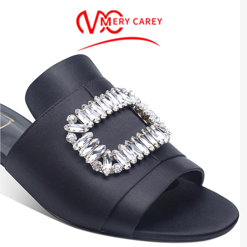 rhinestone Heeled sandals women\'s sandals summer 2024 trend luxury Square heel Heeled Slippers High Heels shoes Silk and satin