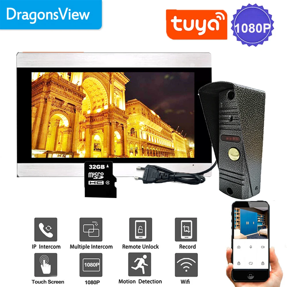 Dragonsview-Wireless Home Intercom Sistema de Segurança, Tuya CCTV Camera, campainha ao ar livre, Touch Screen Record, WiFi, telefone da porta, 1080p