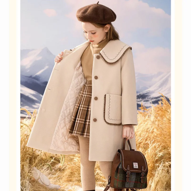 

2024Girls' Autumn and Winter New Woolen Thick Quilted Trendy Preppy Style Mid-Length Woolen Coat