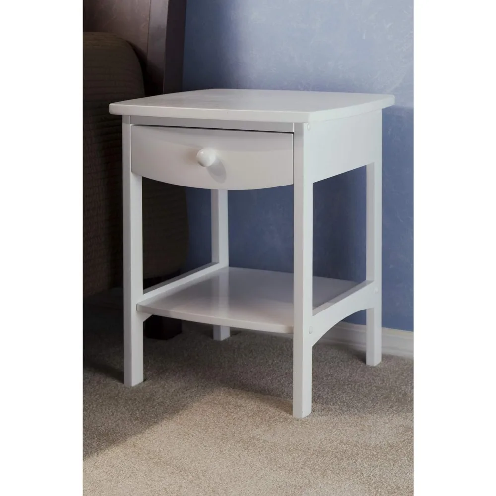 White Accent Table with Drawer and Shelf, Curved Design for Home Decor, Easy Assembly