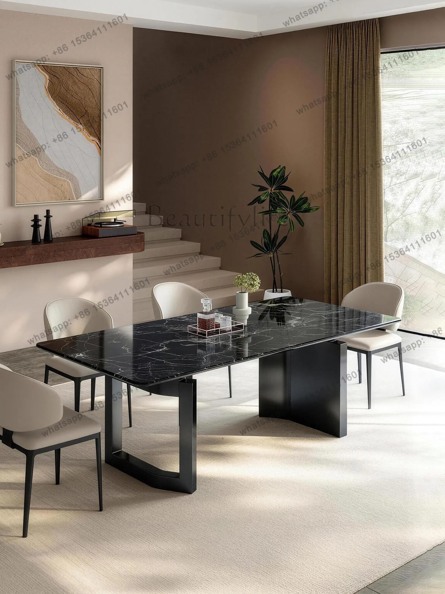 

yj32 Italian natural luxury stone rectangular dining table modern light luxury large flat floor