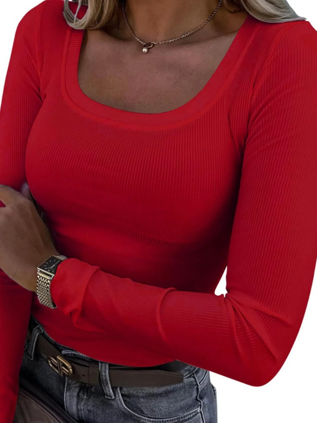 섹시한 슬림핏 긴팔 컬러 티셔츠 스퀘어 넥 폴리에스터 캐주얼 슬리 여성용 봄 여름 상의