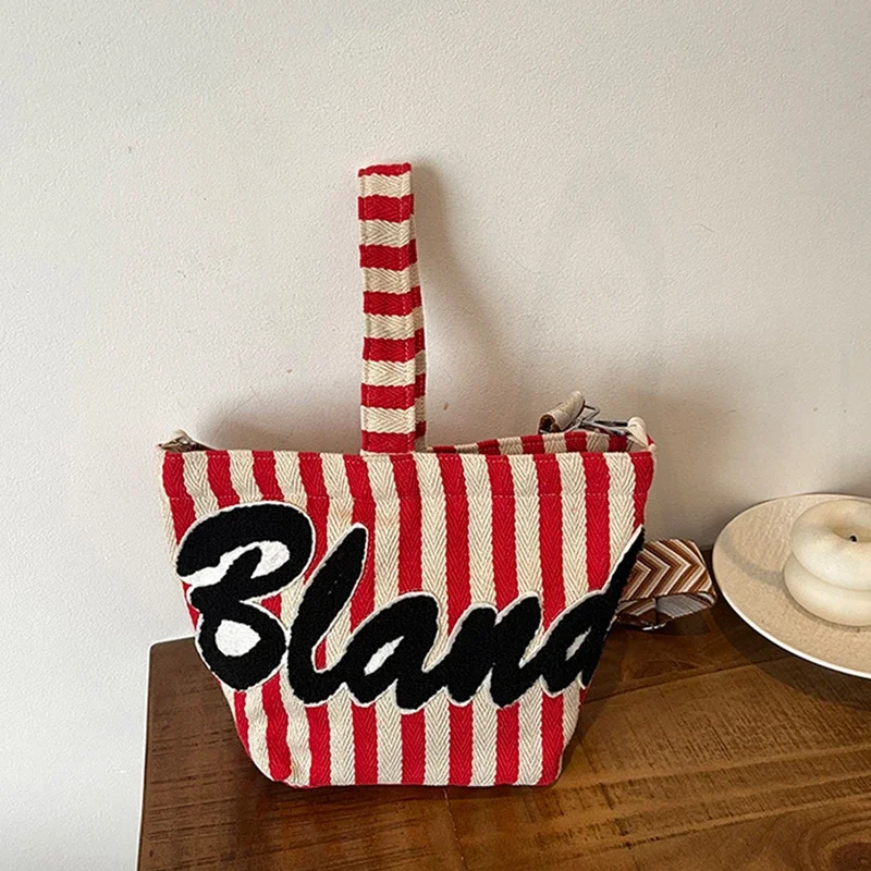 

Trend Striped Canvas Handbags for Women Summer Versatile Wide Shoulder Strap Crossbody Bag Lady Casual Bucket Bags