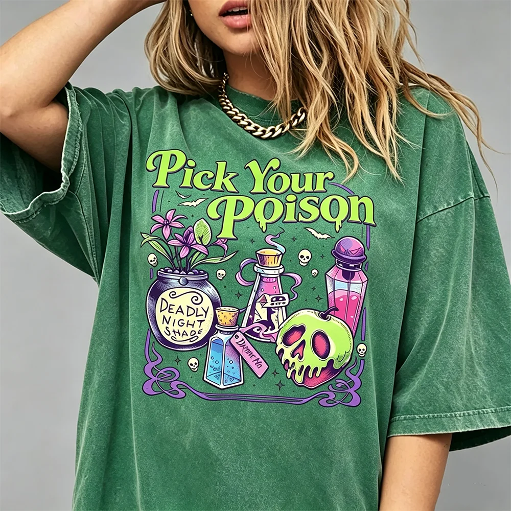 Vintage Washed Pick Your Graphic T Shirt Unisex Retro Halloween Potion Bottle Apple Skull Oversized Short Sleeve Tee