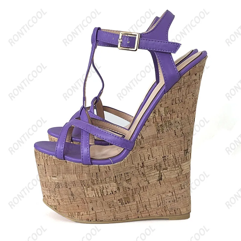 Ronticool Handmade Women T-strap Sandals Ultra High Wedges Heels Round Toe Classics Black Dress Shoes Ladies US Plus Size 5-15