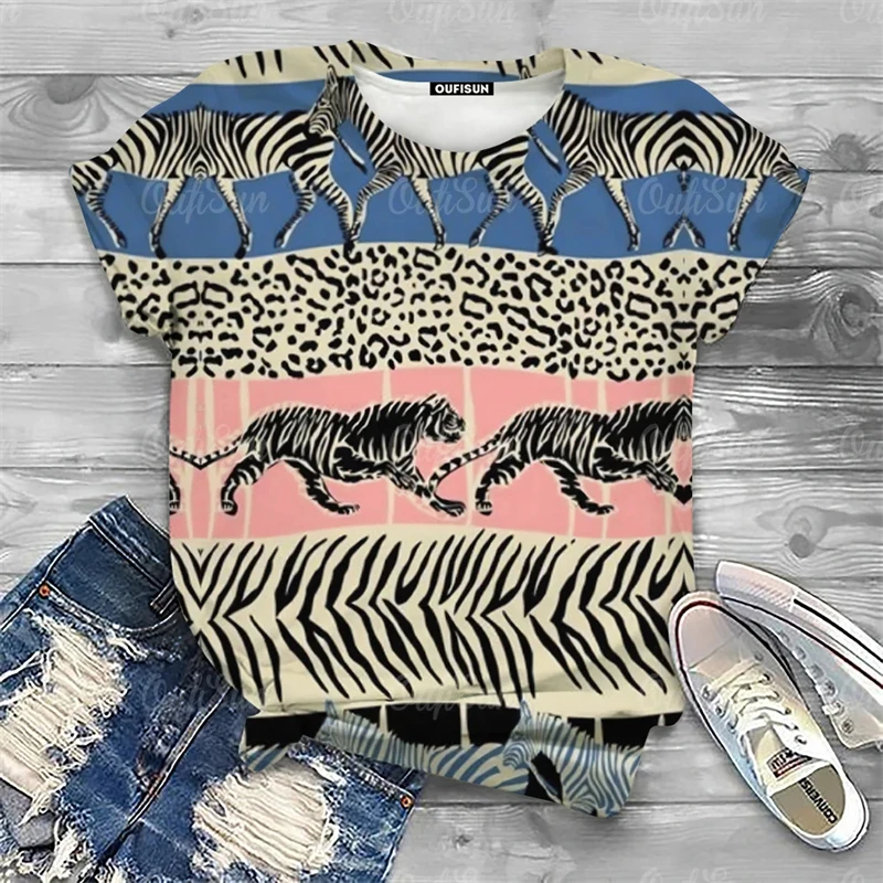 2024 Tops Ladies Cheetah Tiger Print Women\'s T-Shirt Oversized Summer Womens Clothes Animal Graphic Short Sleeve Female Clothing