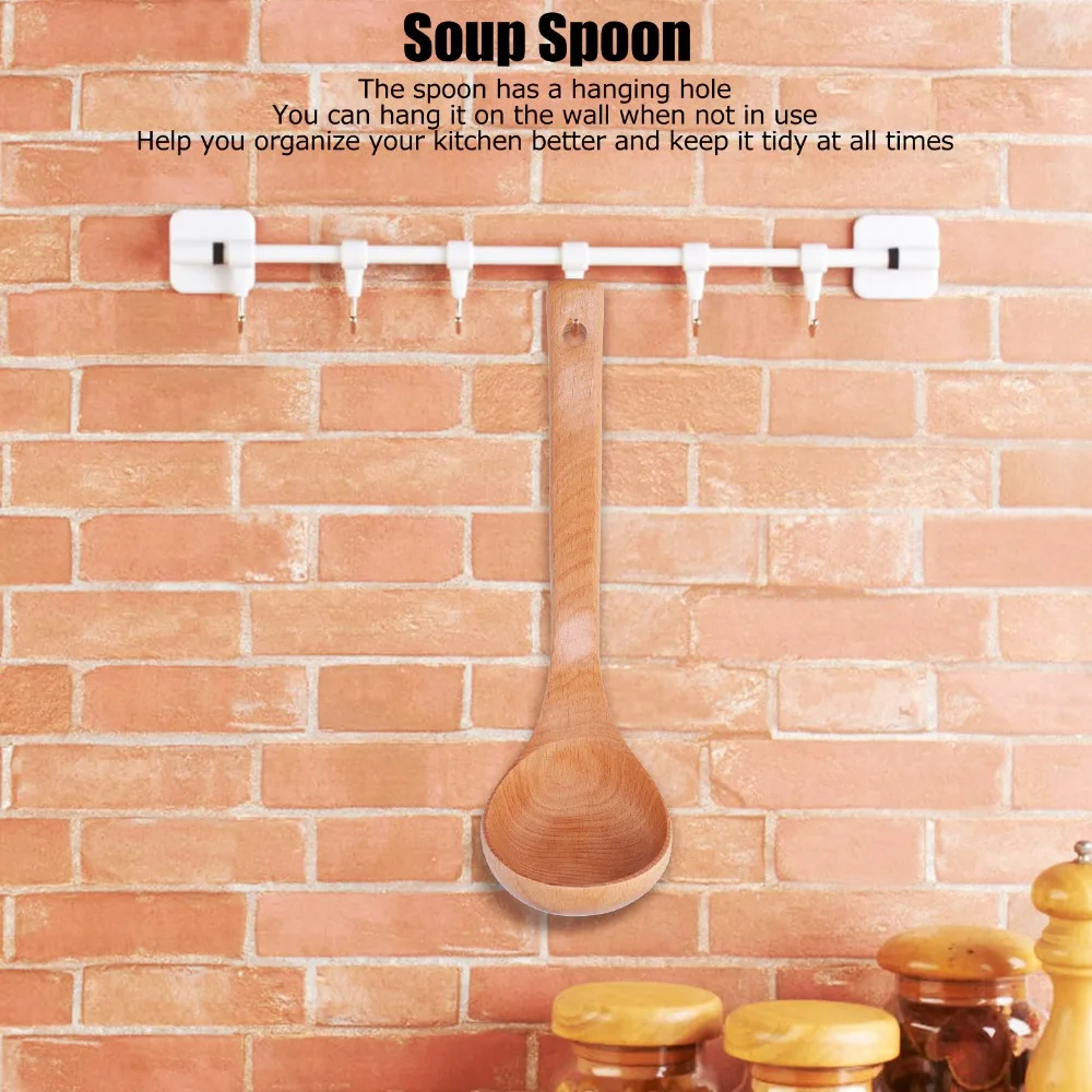 Solid Wood Wooden Spoon Extra Long Handle Smooth Sanded Stirring Ladle Wood Grain Texture Rounded Spoon Deep Spoon Kitchen