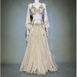Belly Dance Professional Costume Set for Women Customized Bellydancing Pearl Bra+Chiffon Yarn Long Skirt Oriental Dance Outfit