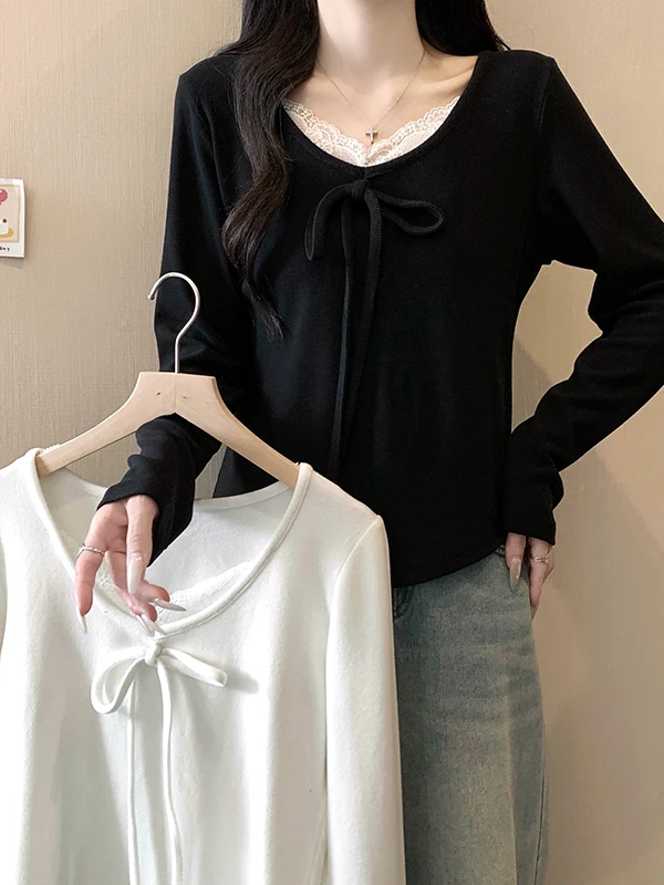 

plus Size Women's Long Sve T-irt Lace Patchwork Thiened Autumn Winter New Sle Commute Sle High Waist Design Inner ...