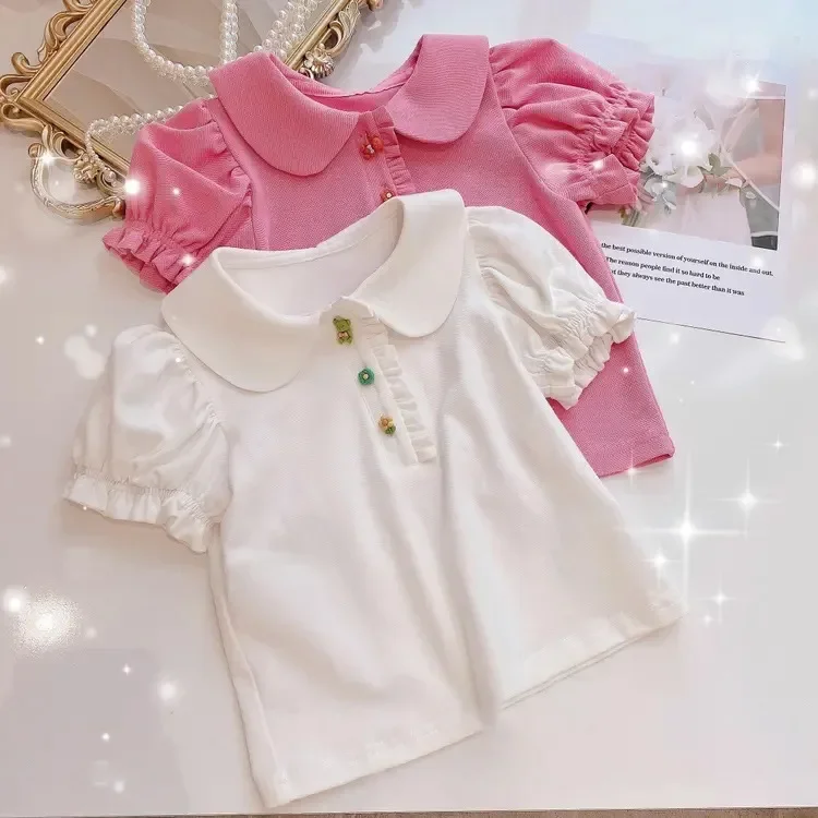 Children T-shirt Doll Collar Solid Turn Down Collar2023 Summer New Bubble Sleeve Top Korean Fashion Breathable Girls