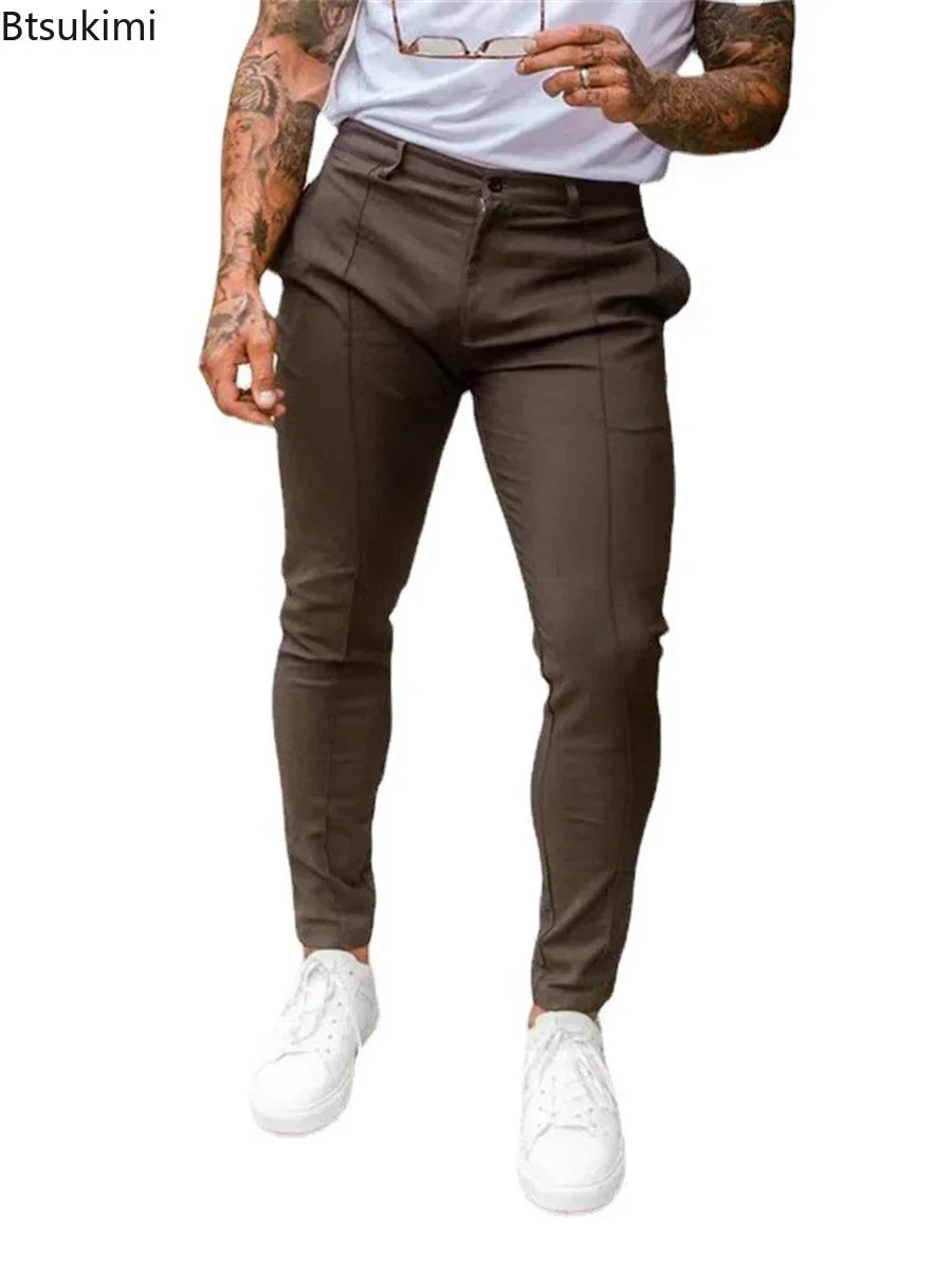 2024 Men\'s Solid Color Slim Long Pants Fashion New Business Casual Trousers Daily Wear Simple Breathable Pencil Pants for Male