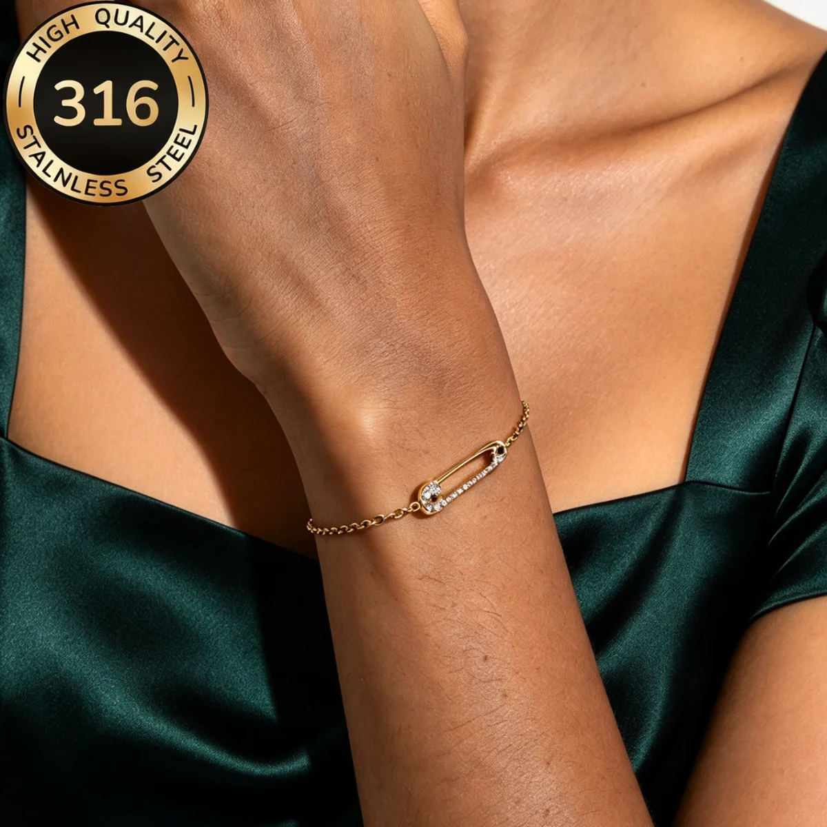 LUXUKISSKIDS Trendy Dainty Zirconia Charm Bracelets Brooch Safety Pin Pendant Geometric Hand Bracelet Woman Simple Daily Jewelry