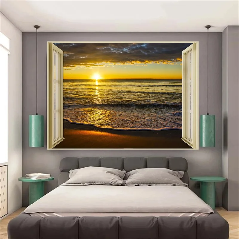 3D Window View River Forest Beach Sunset Landscape Canvas Painting Posters Prints Wall Art Pictures Living Room Home Decoration