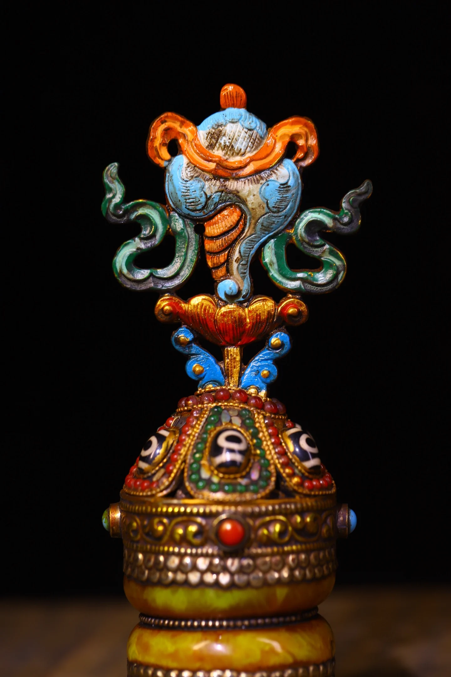 7“Old Bronze Painted Mosaic Gem gZi Beads Beeswax Conch Eight Treasures Buddha Seal Pendant Amulet Dharam Worship Hall