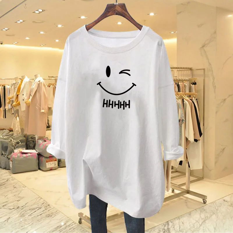 Women Clothing Fashion Smiling Face T-shirt Spring Autumn Casual Loose O-neck Long Sleeve Pullover Chic All-match Cotton Top Tee