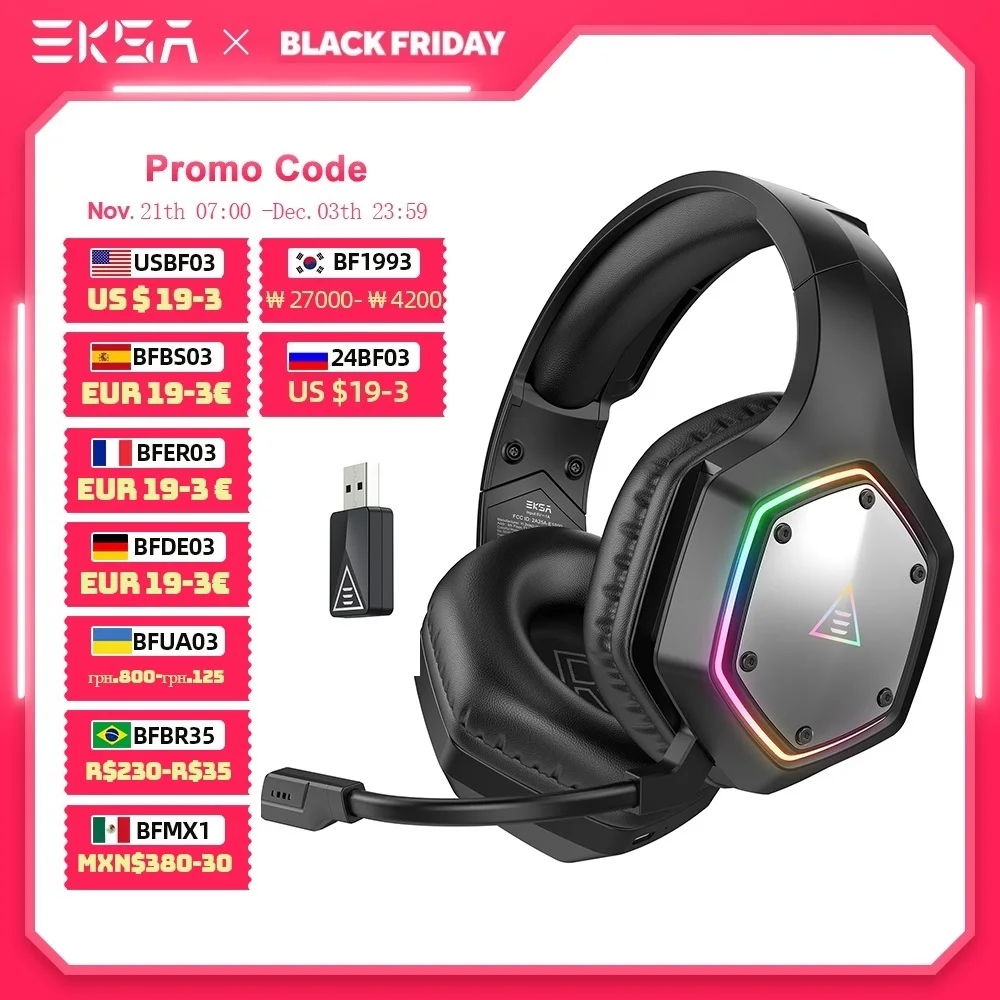 EKSA E1000WT RGB Wireless Gaming Headset 7.1 Surround Sound Gamer Headphones with ENC Mic Wireless Gamer Headset for PC/XBOX/PS5