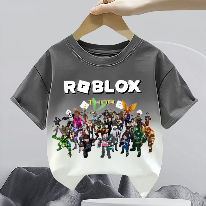 صيف جديد نمط ROBLOX الرجال والنساء في منتصف العمر الأطفال التدرج قصيرة الأكمام القطن الخالص تي شيرت الجولة الرقبة فضفاضة