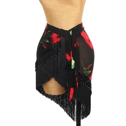 New Latin Dance Skirt Women Rose Mesh Tassel Hip Scarf Cha Cha Rumba Samba Dance Clothes Adult Practice Wear Sexy Skirt DNV19050