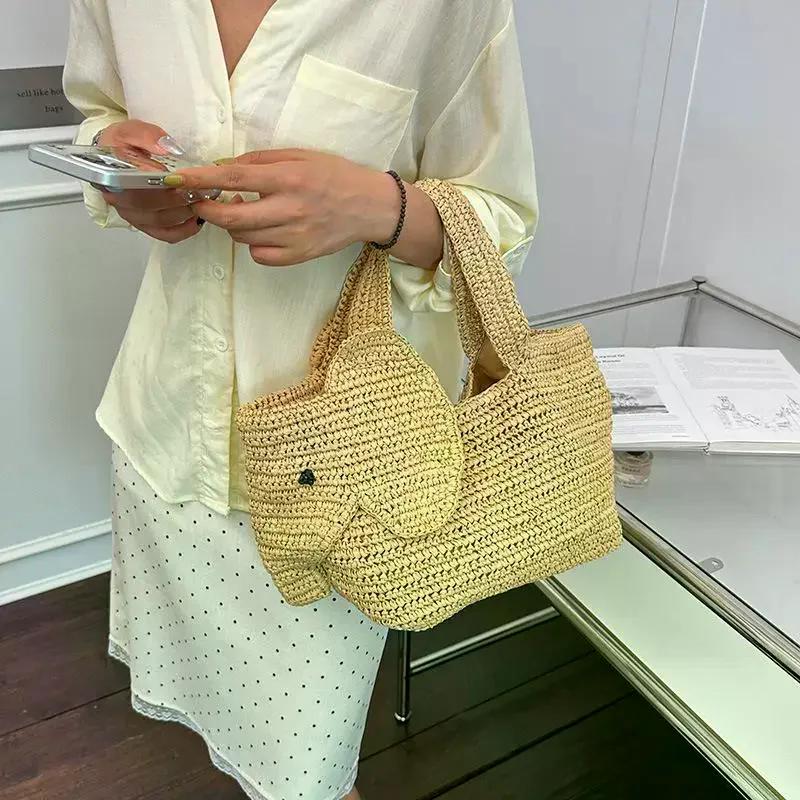 Bolsa de Palha Artesanal Grande Capacidade com Design de Elefante para Uso Diário, Praia e Lazer ao Ar Livre no Verão